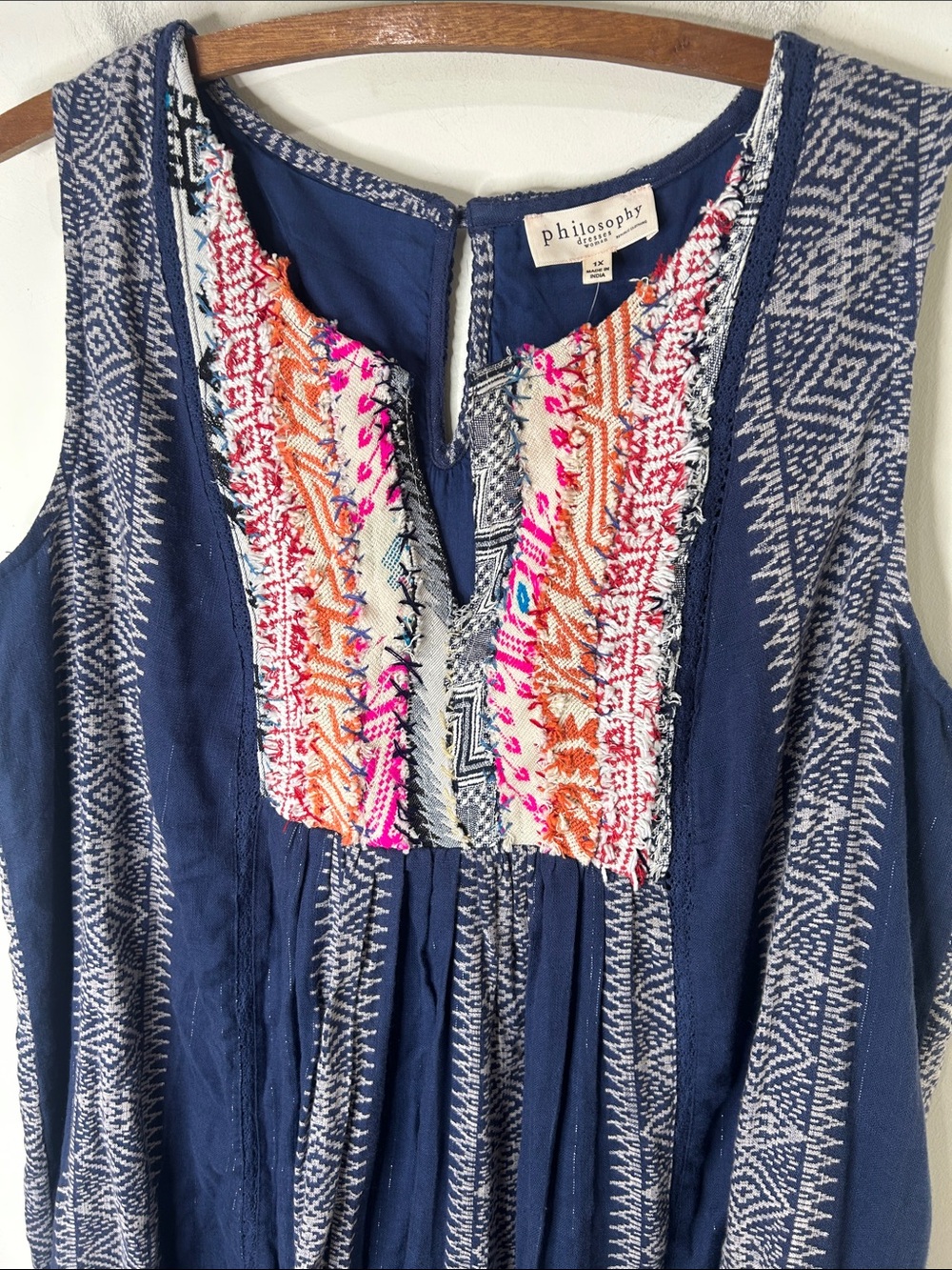 NWT Philosophy Blue Embroidered Cotton Boho Sleeveless Dress Size 1X - Picture 9 of 16